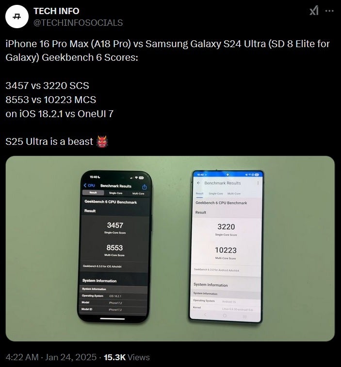 تغريدة تعرض نتائج Geekbench بين iPhone 16 Pro Max وSamsung Galaxy S25 Ultra.