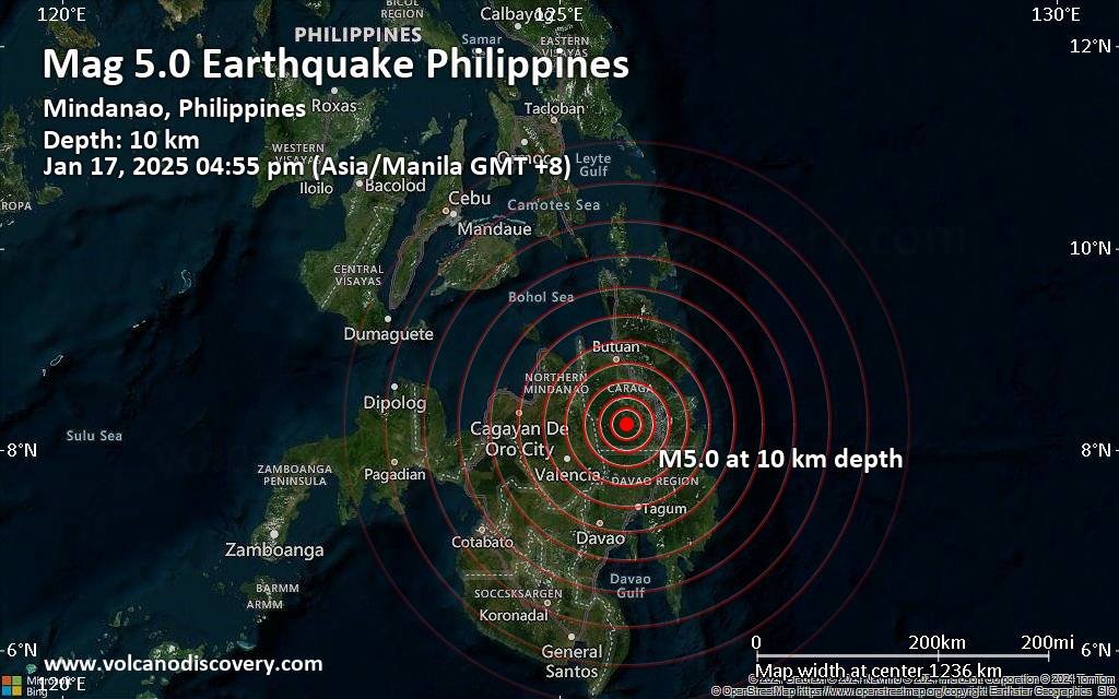 زلزال بقوة 5.0 يضرب منطقة على بعد 25 كم جنوب غرب تالاكوجون بالفلبين بعد الظهر 3 quakemap 10214189