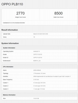 OPPO Find X8 Ultra و Find X8S Run Geekbench ، تأكد من توقعات مجموعة الشرائح لدينا OPPO FIND X8S أو X8S+ (PLB110) نتائج من Geekbench 6.4.0