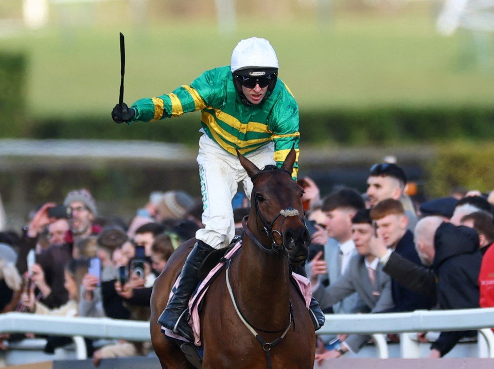 سباق الخيل - مهرجان شلتنهام - سباق شلتنهام ، شلتنهام ، بريطانيا - 14 مارس ، 2025 ، يحتفل مارك والش بركوب الخيل inothewayurthinkin بعد فوزه بزاوية 16:00 بوودلز غولتن جولد كأس رويترز/ماثيو تشايلدز