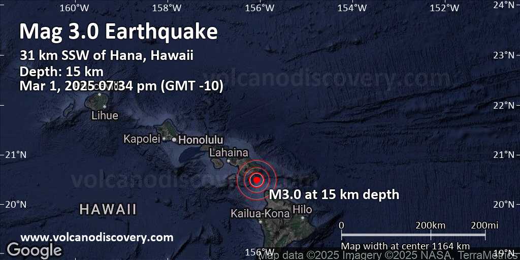 حجم صغير 3.0 زلزال يضرب 31 ميلًا جنوب شرق Kīhei ، هاواي ، الولايات المتحدة في وقت مبكر من المساء 3 quakemap 21513075