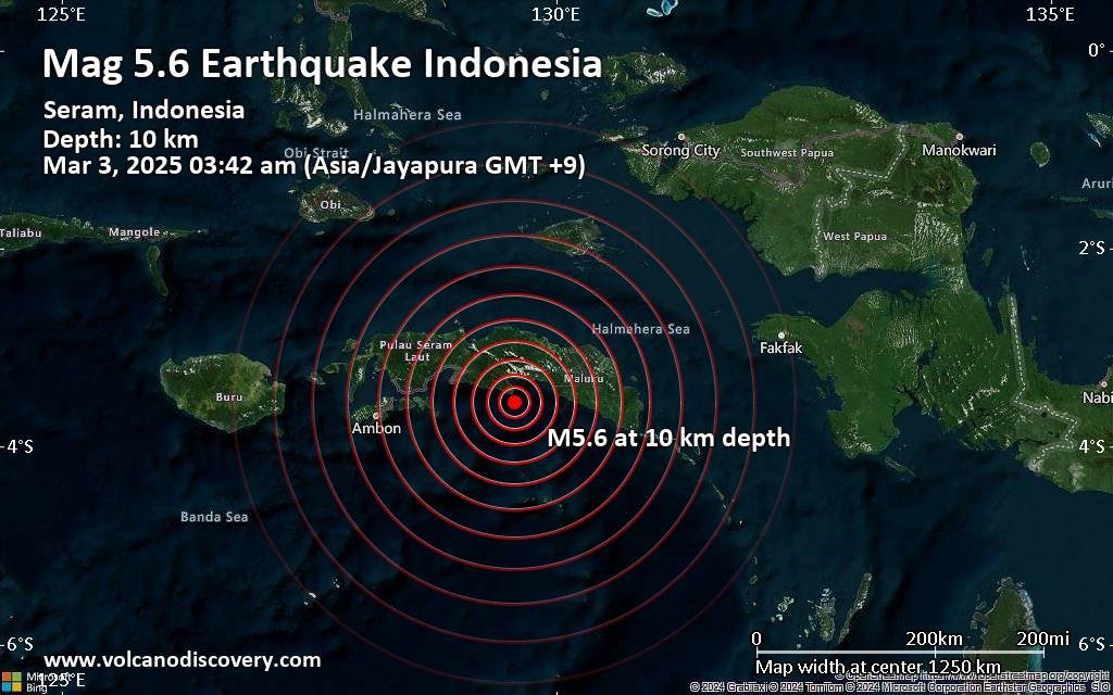 زلزال كبير من حيث الحجم 5.6 أبلغ عن 77 كم جنوب شرق أماهاي ، إندونيسيا 17 quakemap 21514443