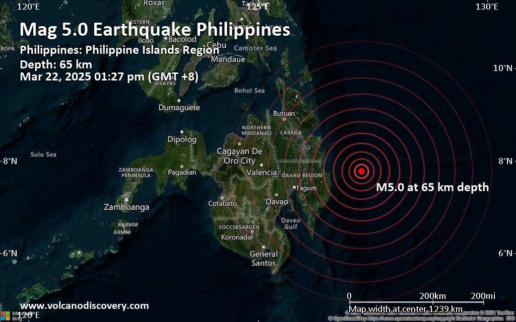 حجم كبير 5.0 الزلزال يضرب 115 كم جنوب شرق بيسليج ، الفلبين في الظهر 3 quakemap 21577356