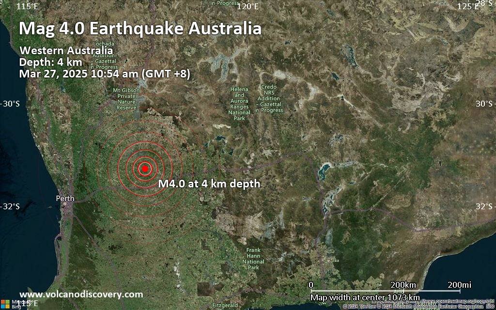 حجم معتدل 4.0 زلزال يضرب 39 ميلًا شمال غرب ميريدين ، أستراليا الغربية ، أستراليا في الصباح