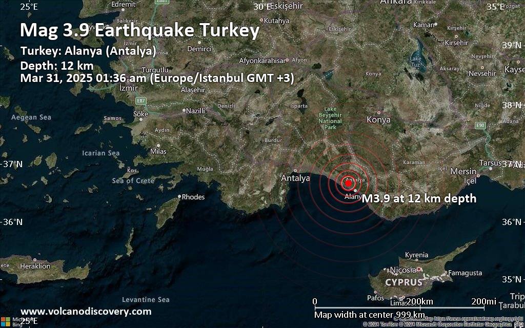 حجم صغير 3.9 الزلزال يضرب 20 كم شمال غرب آلانيا ، تركيا في الصباح الباكر