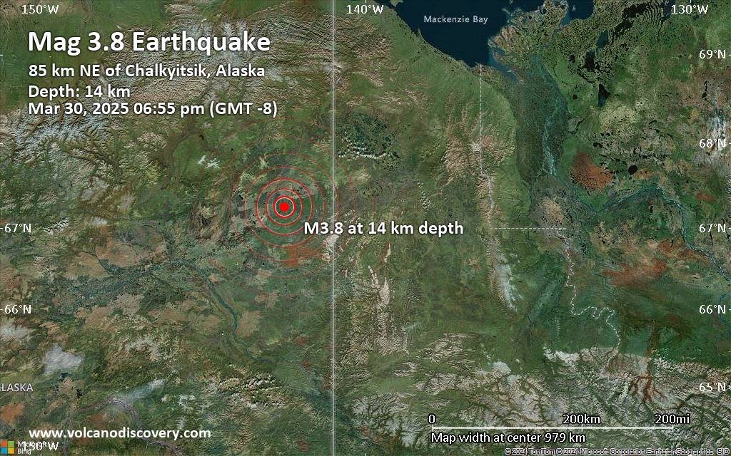 حجم صغير 3.8 الزلزال يضرب 53 ميلًا شمال شرق Chalkyitsik ، ألاسكا ، الولايات المتحدة في وقت مبكر من المساء