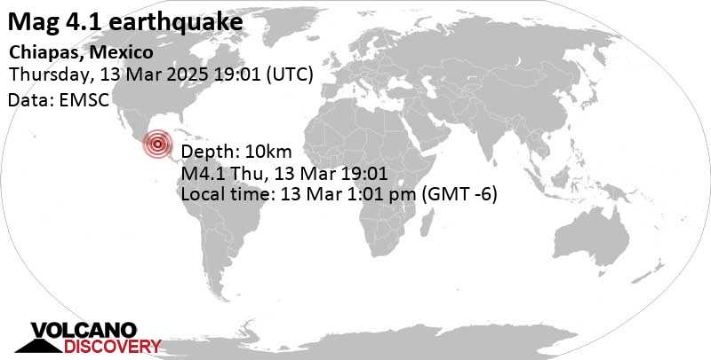 Moderate Mag. 4.1 Earthquake - Chiapas, Mexico, on Thursday, Mar 13, 2025, at 01:01 pm (Merida Time) 26 Mag. 4.1 earthquake - Chiapas, Mexico, on Thursday, Mar 13, 2025, at 01:01 pm (Merida time)