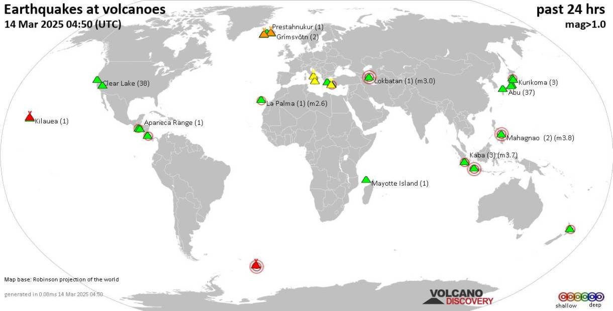 World map showing volcanoes with shallow (less than 50 km) earthquakes within 20 km radius  during the past 24 hours on 14 Mar 2025 Number in brackets indicate nr of quakes.