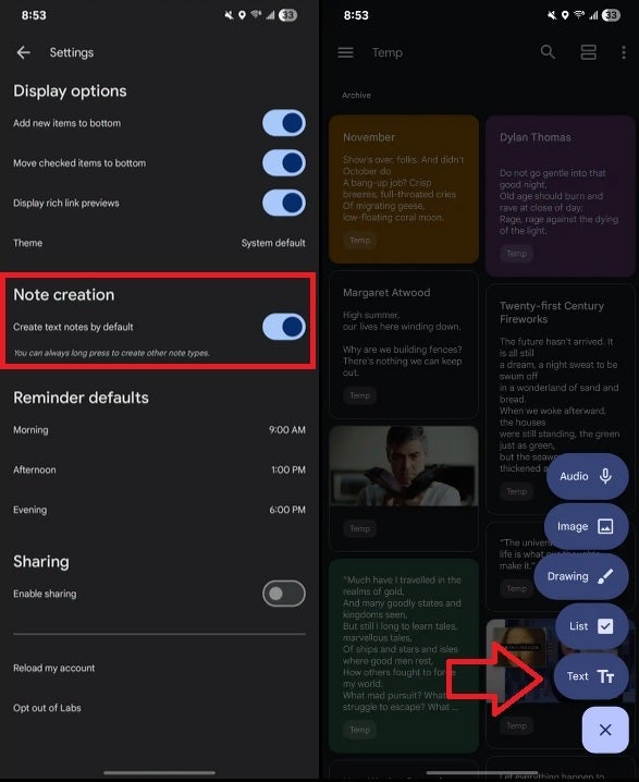 تظهر لقطة الشاشة التبديل لتمكين التشغيل "قم بإنشاء ملاحظات نصية افتراضيًا."