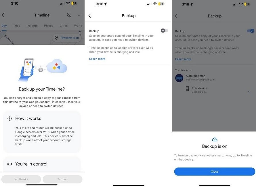 تمحو Google عن طريق الخطأ العديد من بيانات الجدول الزمني للمستخدمين الذين يمنحون سنوات من السفر 2 توضح لقطات الشاشة كيفية تمكين نسخ بيانات الجدول الزمني على iOS و Android.