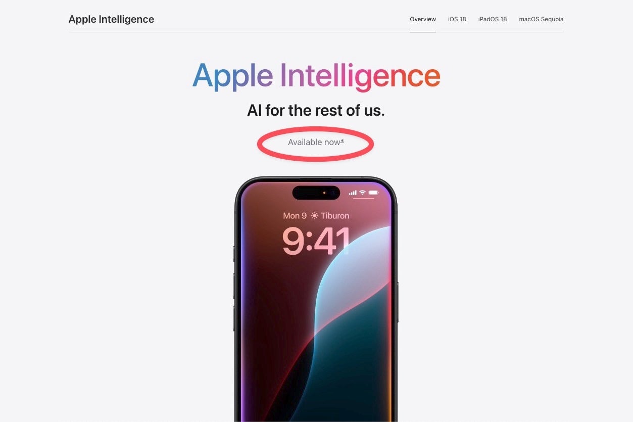 لقطة شاشة لذكاء التفاح "متوفر الآن" بيان على موقع Apple