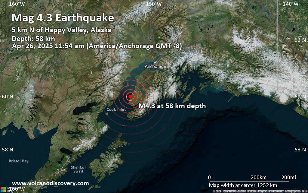 حجم معتدل 4.3 زلزال يضرب 25 ميلاً شمال غرب هومر ، ألاسكا ، الولايات المتحدة في الصباح
