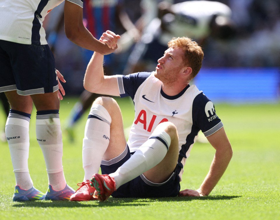 Dejan Kulusevski من Tottenham Hotspur يجلس في هذا المجال ، بمساعدة زميل في الفريق.