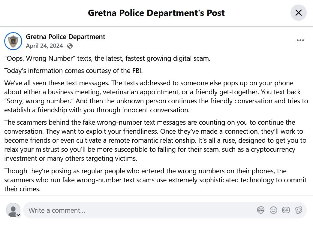 تحذير من قسم شرطة غريتنا حول عملية الاحتيال الرقمية الأسرع نمواً. | Image Credit -Gretna Police Department - FBI ، يحذر رجال الشرطة iOS ، ومستخدمي Android حول أسرع عملية احتيال نصية تتطلع إلى تمزيقك