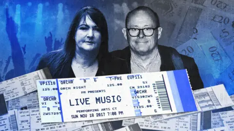 BBC/Ben Lack/Getty Images A composite graphic with two people at the centre - Maria Chenery-Woods, a white woman with long dark hair wearing a dark suit, and Peter Hunter, a bald white man with dark-rimmed glasses, wearing a dark jacket and a striped shirt. Behind them, images of fans at a concert and cash are blended together, while in the foreground is a pile of mocked-up tickets.