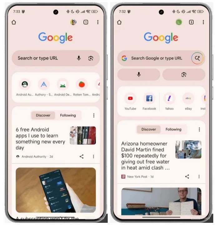 مقارنة المظهر الحالي لشريط البحث على تطبيق Android Chrome ومراجعة واحدة يتم اختبارها.