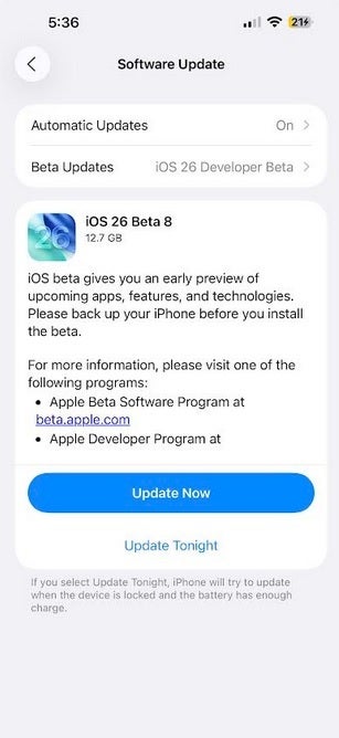 من الممكن إصدار IOS 26 Beta قبل أن يكون iOS 26 مستقر هنا لقطة شاشة من iOS 26 بيتا 8 إشعار.