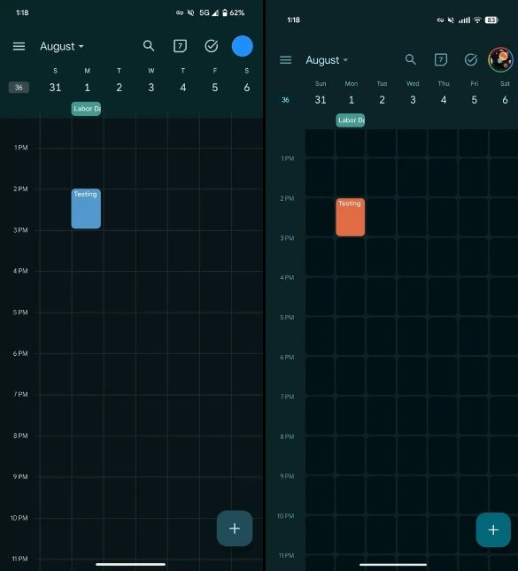 تحقق من التقويم. حان الوقت لهذا التطبيق للحصول على مواد 3 تعبيرية عرض أسبوعي على تطبيق Google Calendar المعاد تصميمه (الإصدار المعاد تصميمه على اليمين).