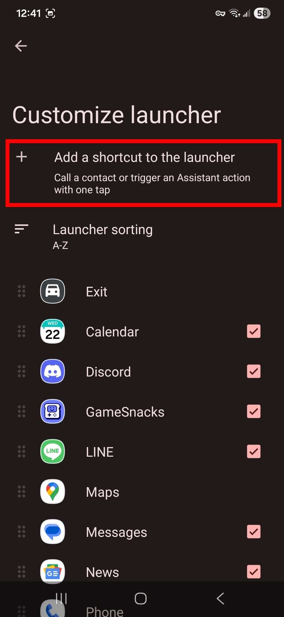 تمييز مخطط المستطيل الأحمر أضف اختصارًا إلى خيار المشغل ضمن تخصيص إعدادات المشغل في Android Auto